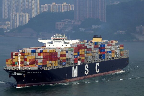 Ein großes Containerschiff fährt auf dem Seeweg