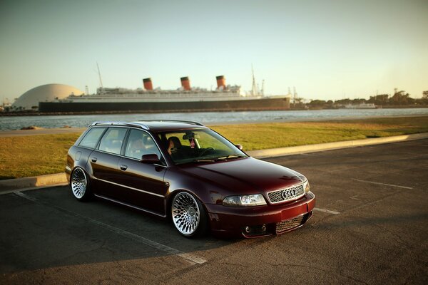 Audi car near the ship and port