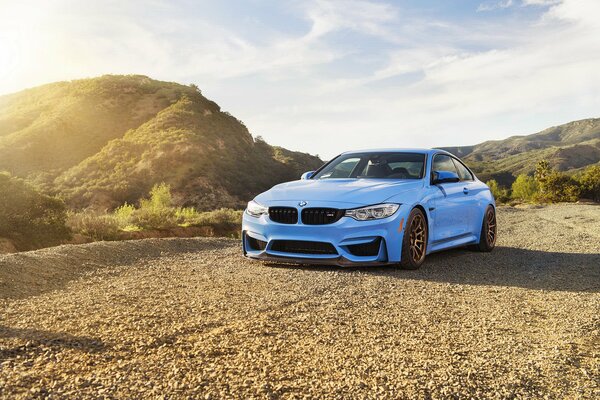 BMW azul en el fondo de la naturaleza en el sol