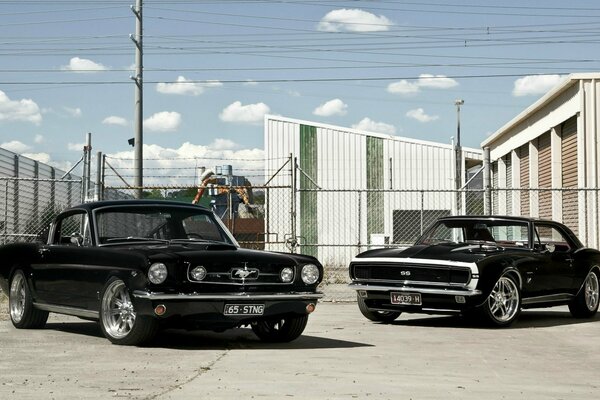 Rétro Ford Mustang et chevrolet en plein air