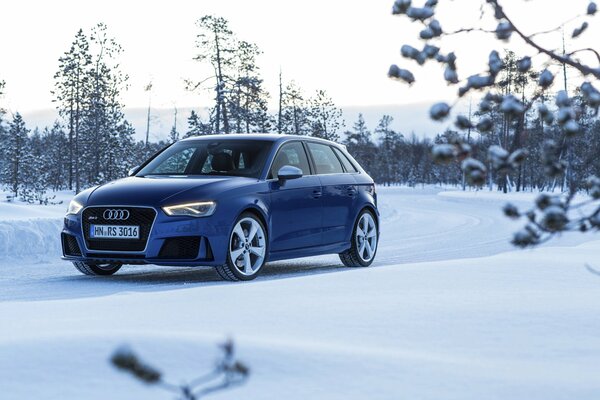 Als Weihnachtsgeschenk im Schnee audi rs3 in Metallic-Blau