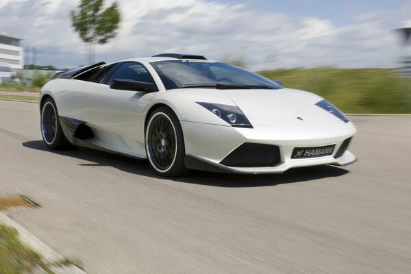 A sporty Italian car is driving on the road