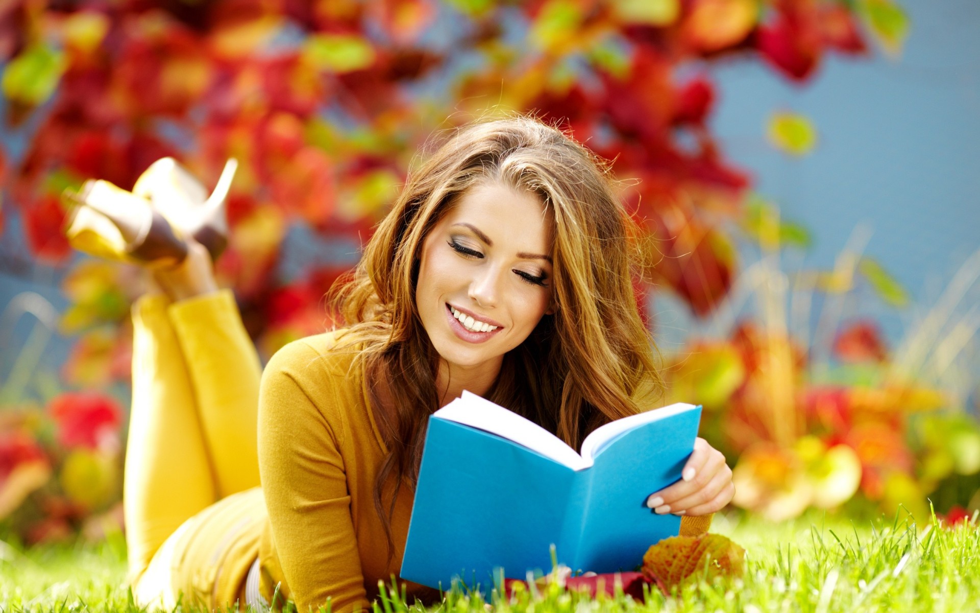 girl book grass brown hair reads autumn