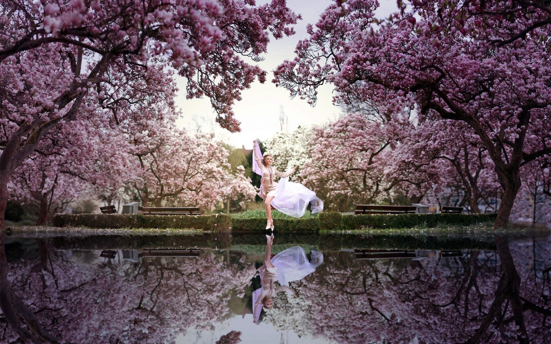 art numérique fille lac parc arbres en fleurs printemps danse harmonie