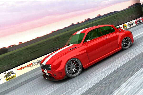 A red car with white stripes driving on a race track