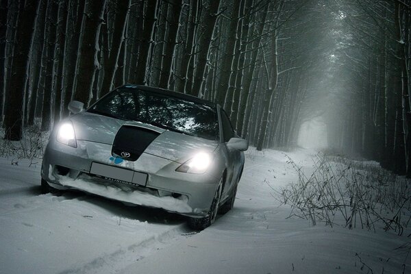 Toyota bianca sullo sfondo di una foresta innevata