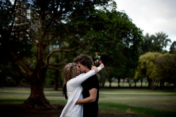 Guy and girl romantic kiss