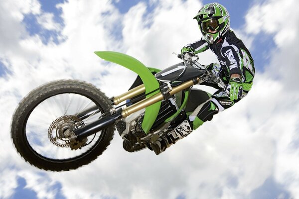 Flying on a motorcycle under a cloudy sky