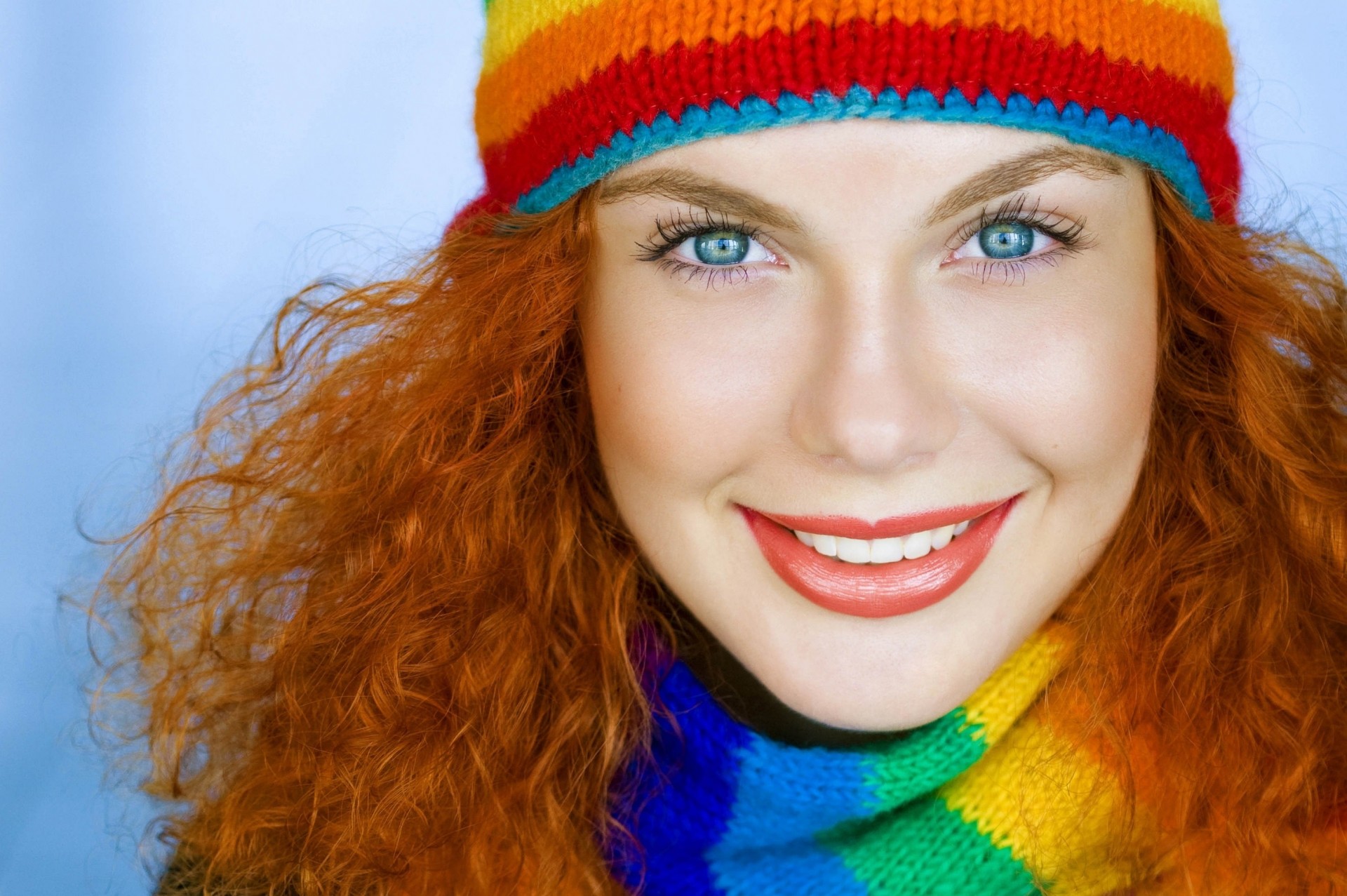 girl blue eyes scarf red hair hat