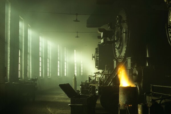 Sunlight illuminates the locomotives in the depot