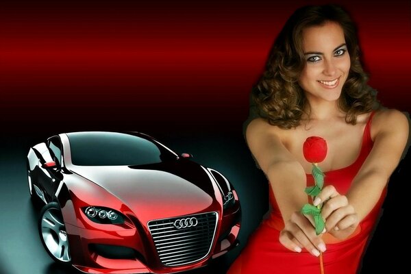 A girl with a rose and an Audi car in the background