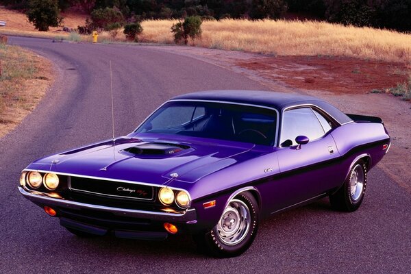 Retro Dodge Challenger car is on the road