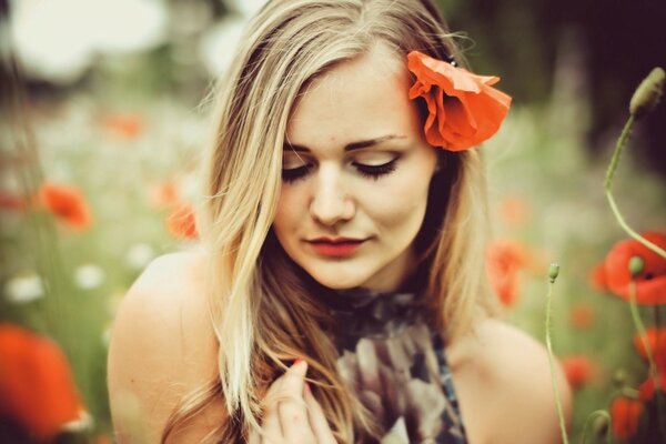 A blonde girl in a poppy field poses with a flower pinned in her hair