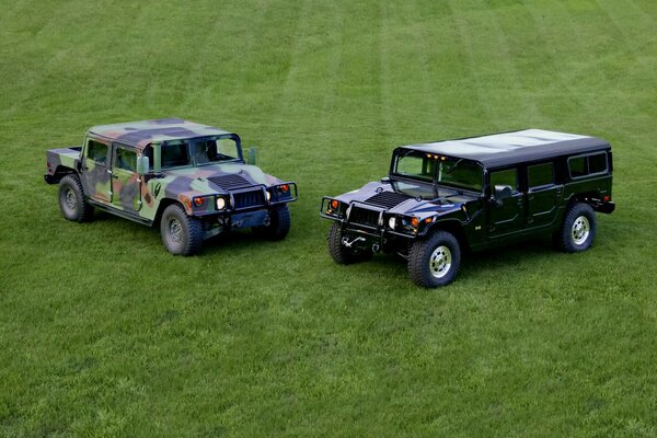 Los SUV de camuflaje están de pie en el campo