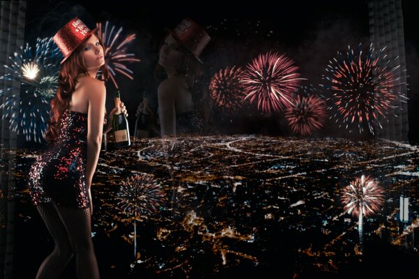 Modèle de fille avec une bouteille de champagne près de la fenêtre panoramique avec vue sur les feux d artifice