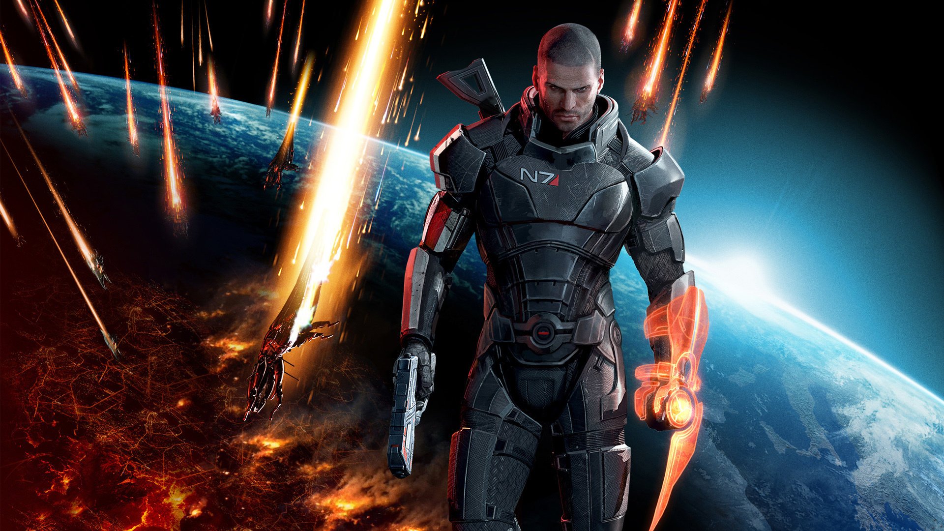 mass effect 3 масс эффект шепард n7 планета горизонт парень оружие доспехи пистолет огонь рисунки аниме мужчины-а