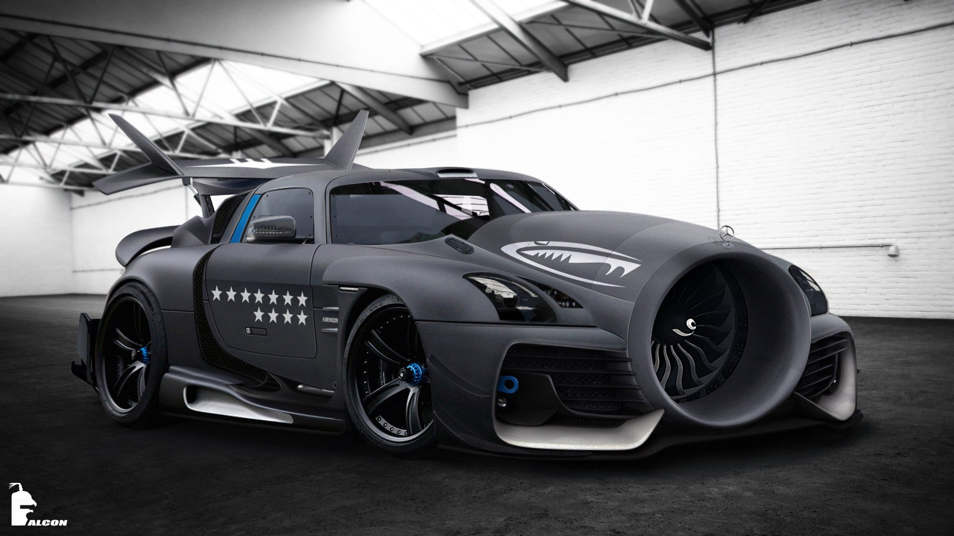 mercedes sls amg aereo tuning grigio opaco hangar