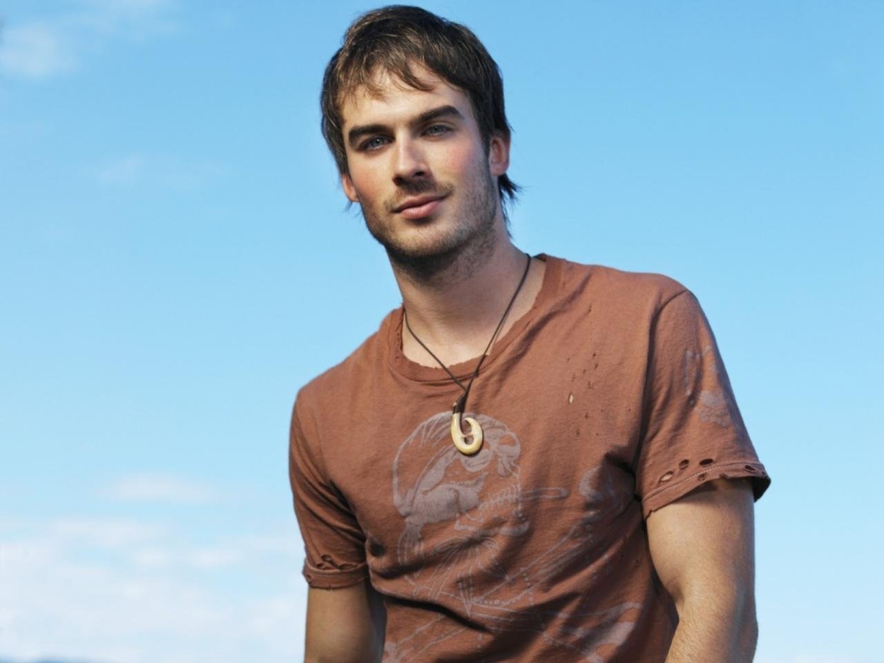 ian men eyes face mustache the sky blue background pendant talisman t-shirt smile handsome unshaven bristle