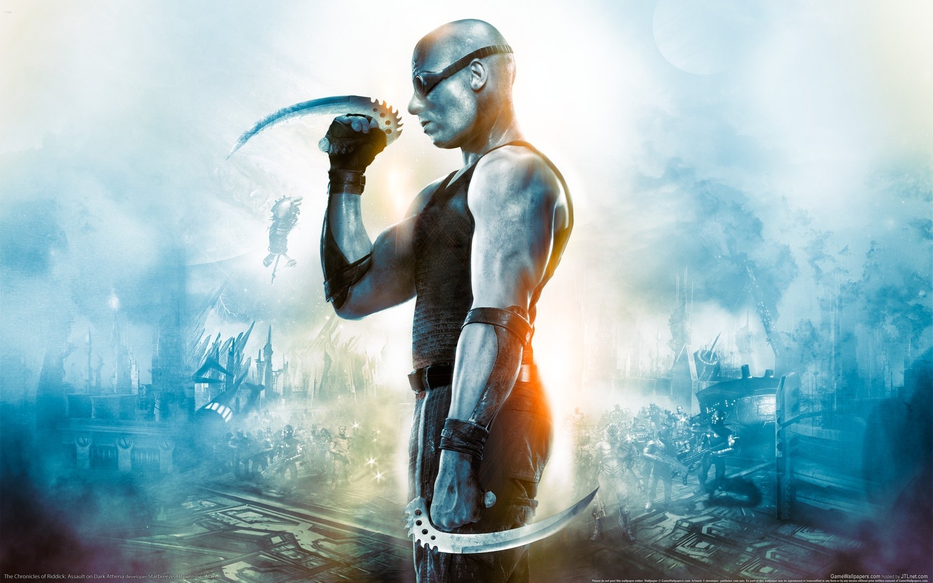 the chronicles of riddick assault on dark athena riddick vin diesel ostrza fantastyka gry profil łysy tułów mięśnie broń dym mężczyźni sportowiec