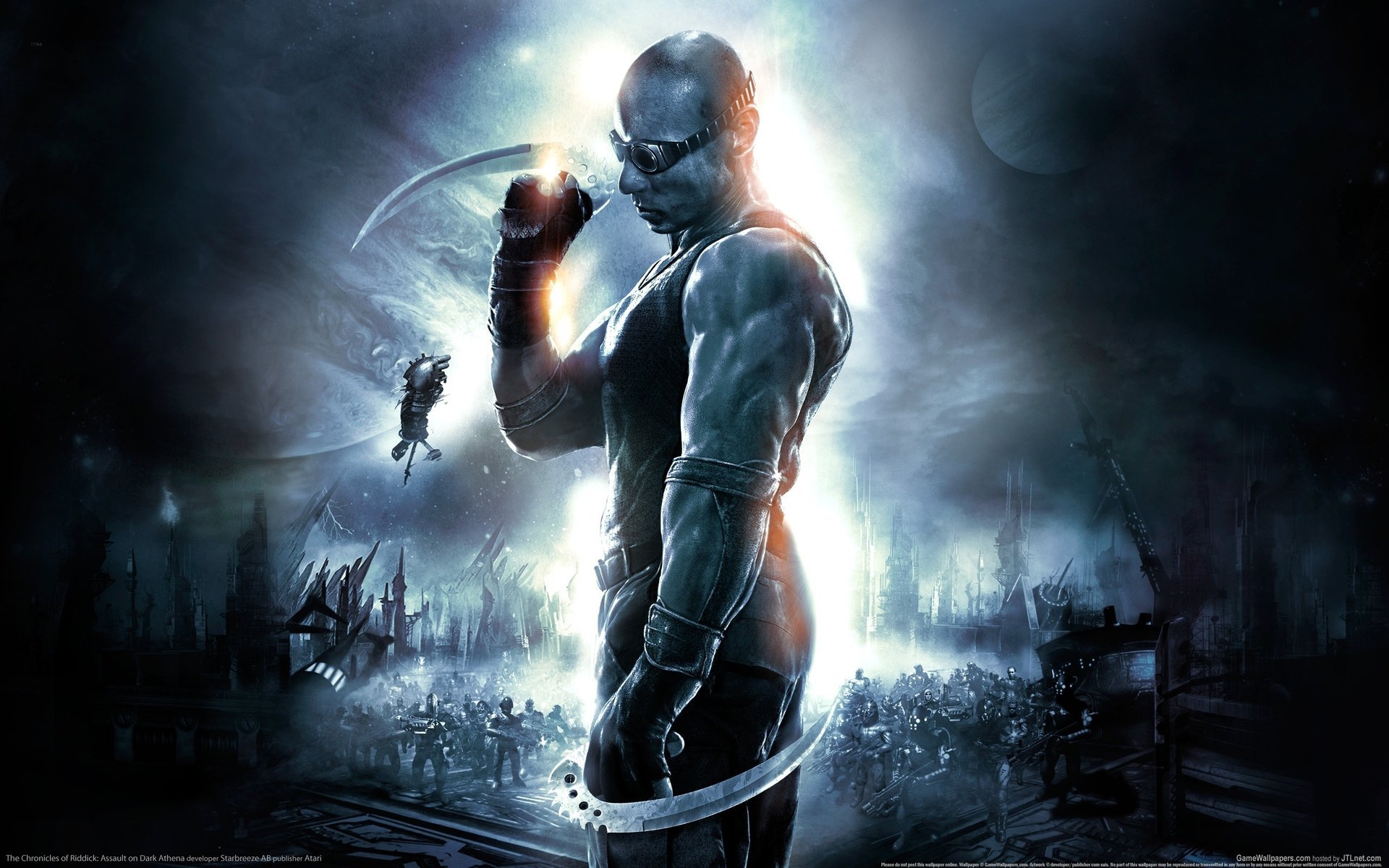 the chronicles of riddick assault on dark athena riddick vin diesel swords fiction game profile muscles bald weapons darkness torso men jock glasse