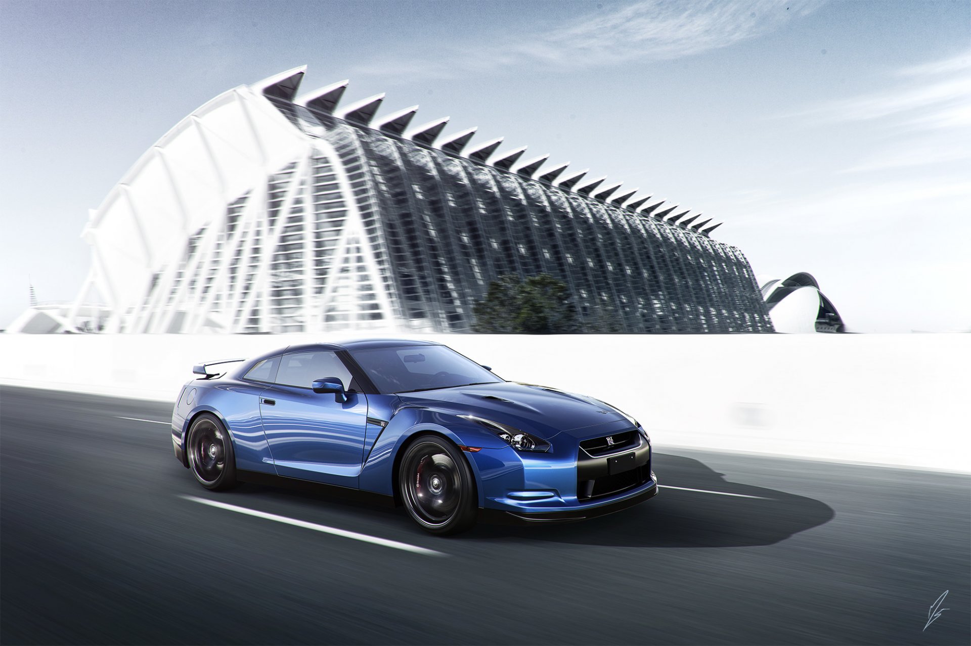 nissan gt-r sport car blue front road