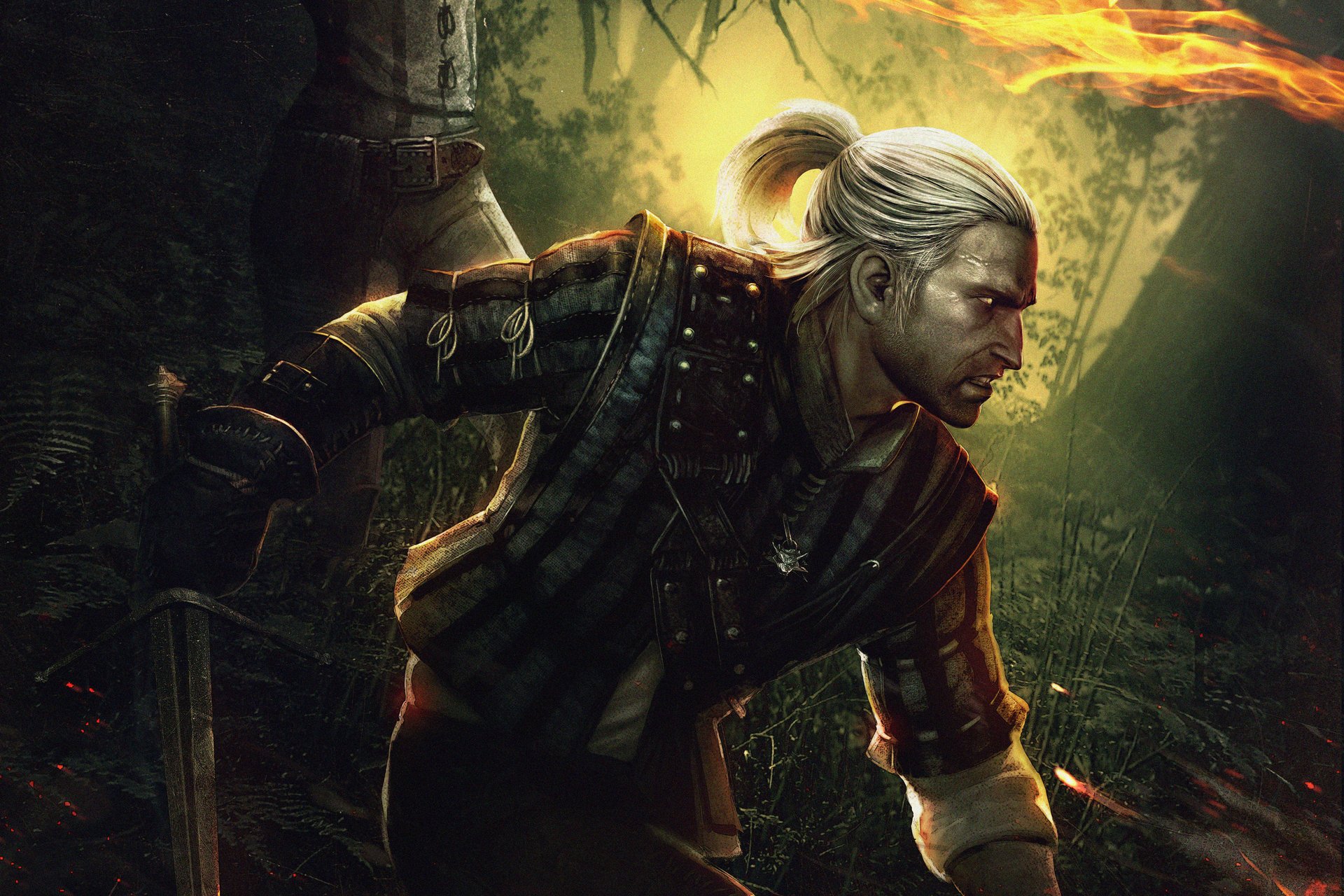 the witcher 2 killer kings the witcher 2 assassins of kings dibujos anime fuego oscuridad perfil cola hombre agresión furia espada arma lucha batalla the witcher