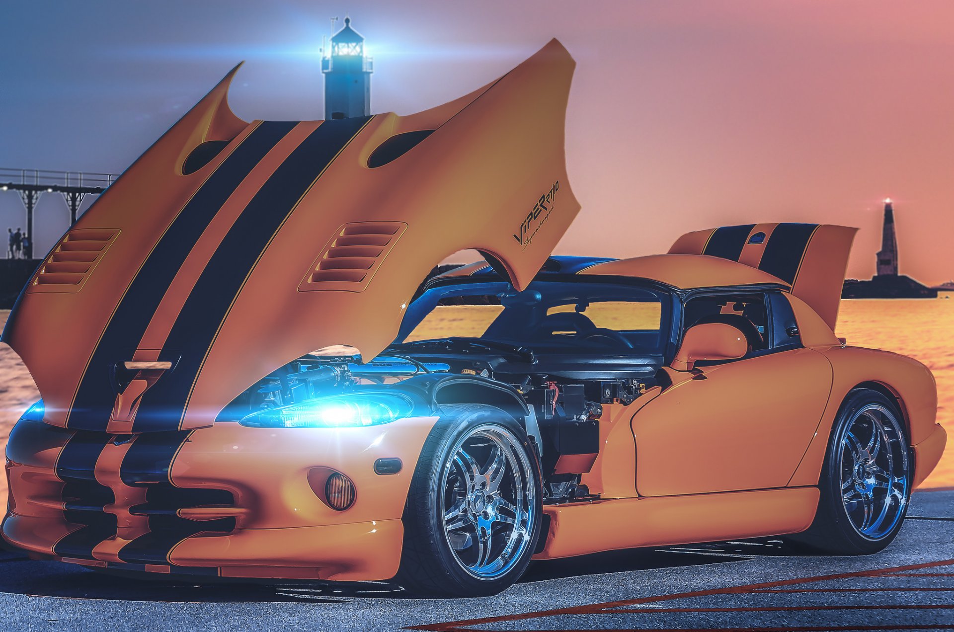 dodge viper srt10 orange avant dodge viper avant capot ouvert phare éblouissement