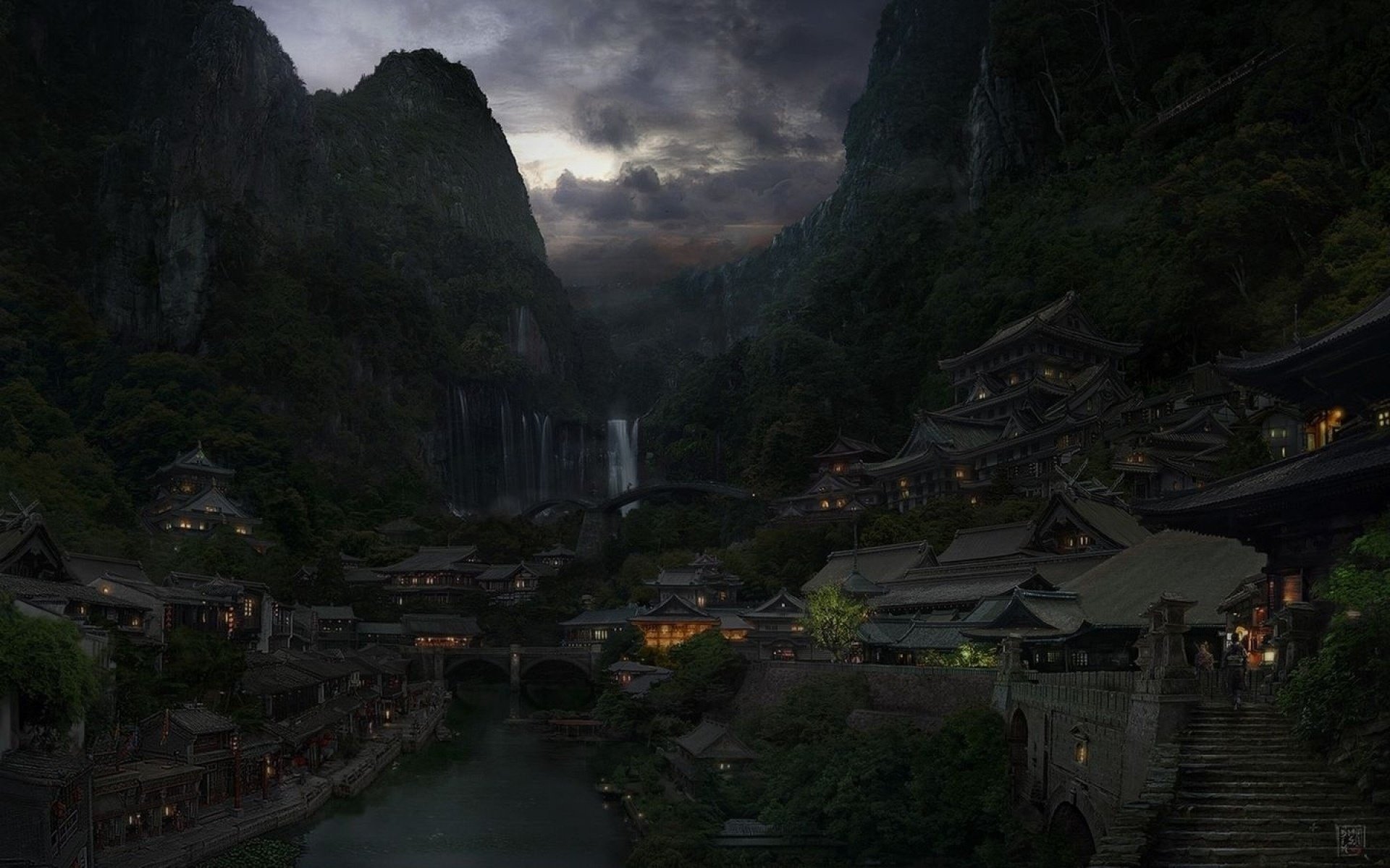 berge lichter china fluss wolken osten brücke stadt