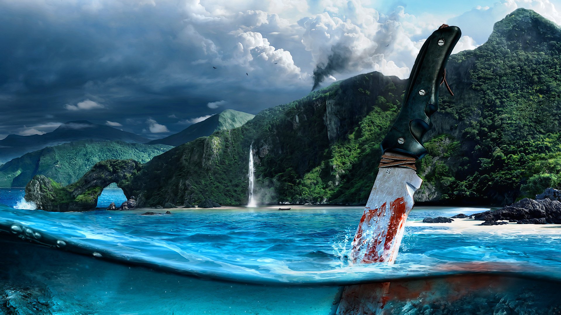 farcry 3 acqua coltello sangue nuvole nuvole cielo macro montagne verde arco fiume cascata alberi