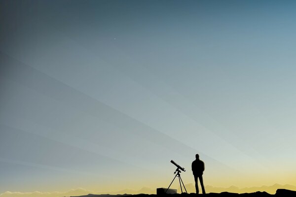 A man on the horizon is standing with a telescope