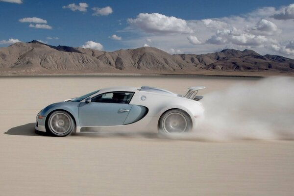 White bugatti on the salt desert in Bonneville