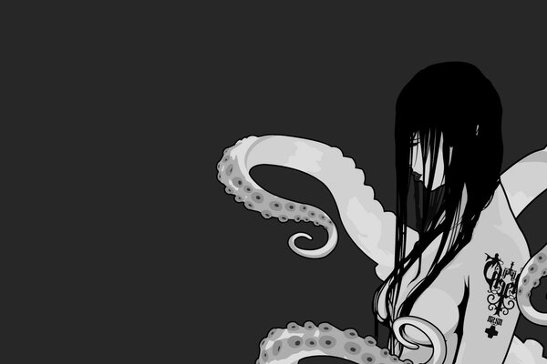 Minimalist vector drawing of a girl with tentacles