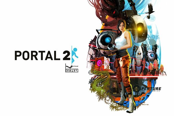 Portal 2 robots with a girl on a white background