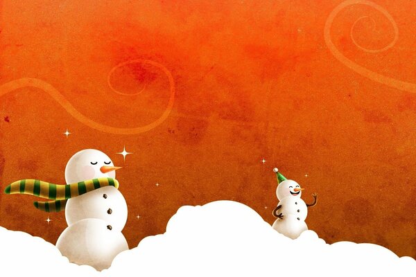 Snowmen with scarves stand on a snowdrift on a red background