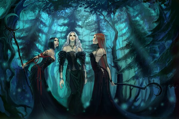 Three witches are standing in the forest