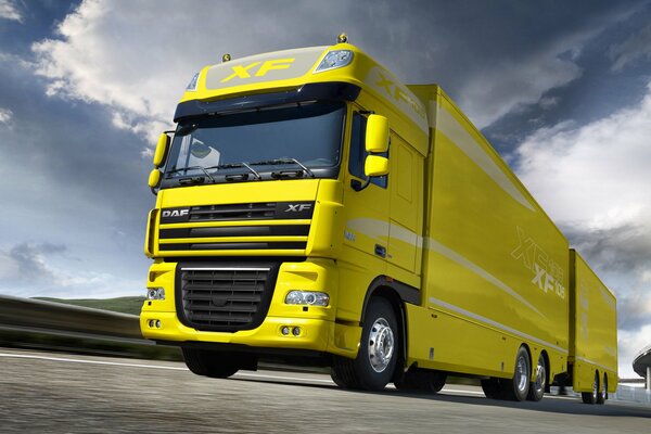 The yellow daf xf truck looks impressive and reliable