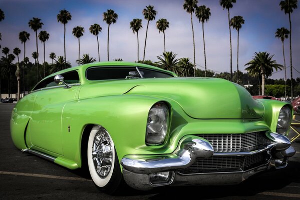 Green retro car on a background of palm trees