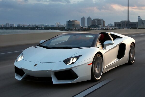 Lamborghini aventador white on the sky road background