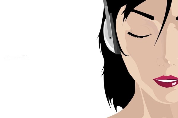 A girl with headphones listens to music