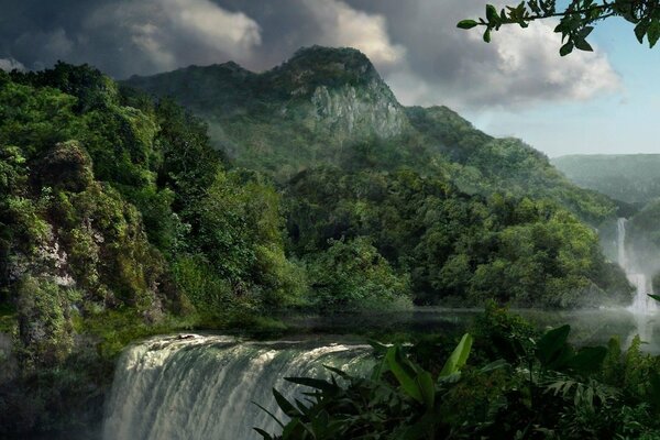 Landscape of green mountains and waterfall