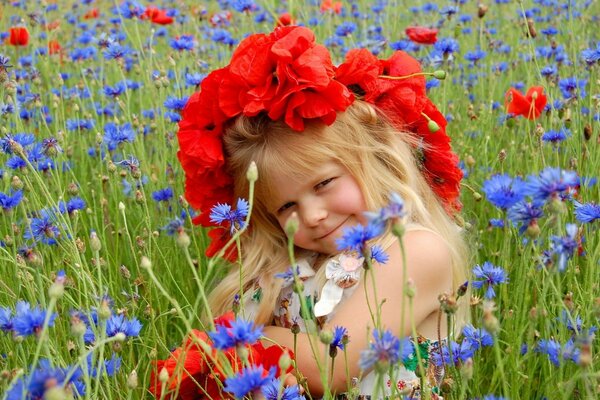 Bébé avec une Couronne de coquelicots sur un champ de fleurs