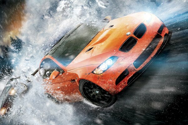 Orange BMW in a race on ice