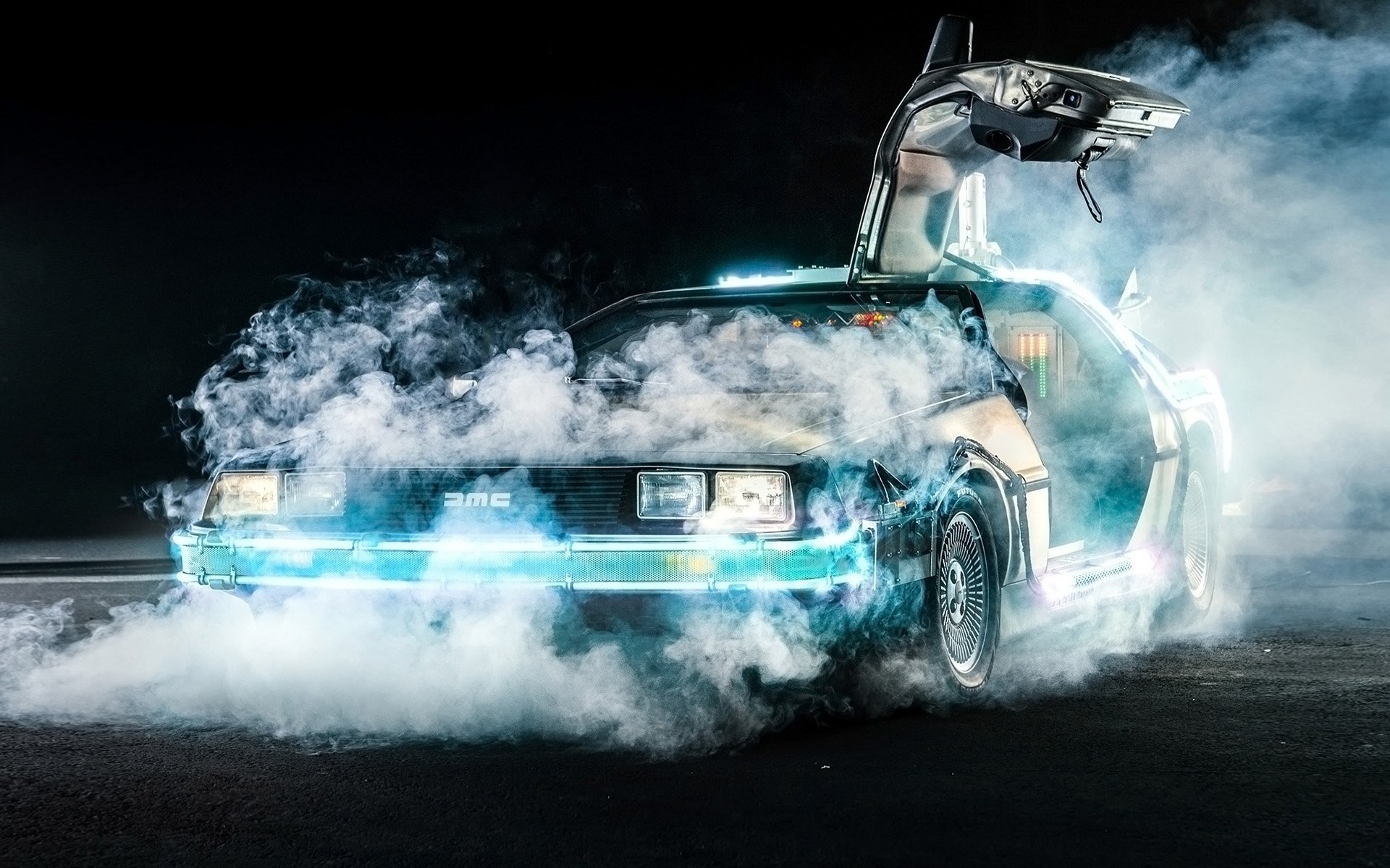 delorean dmc-12 retour vers le futur machine à remonter le temps delorean avant fumée porte fond