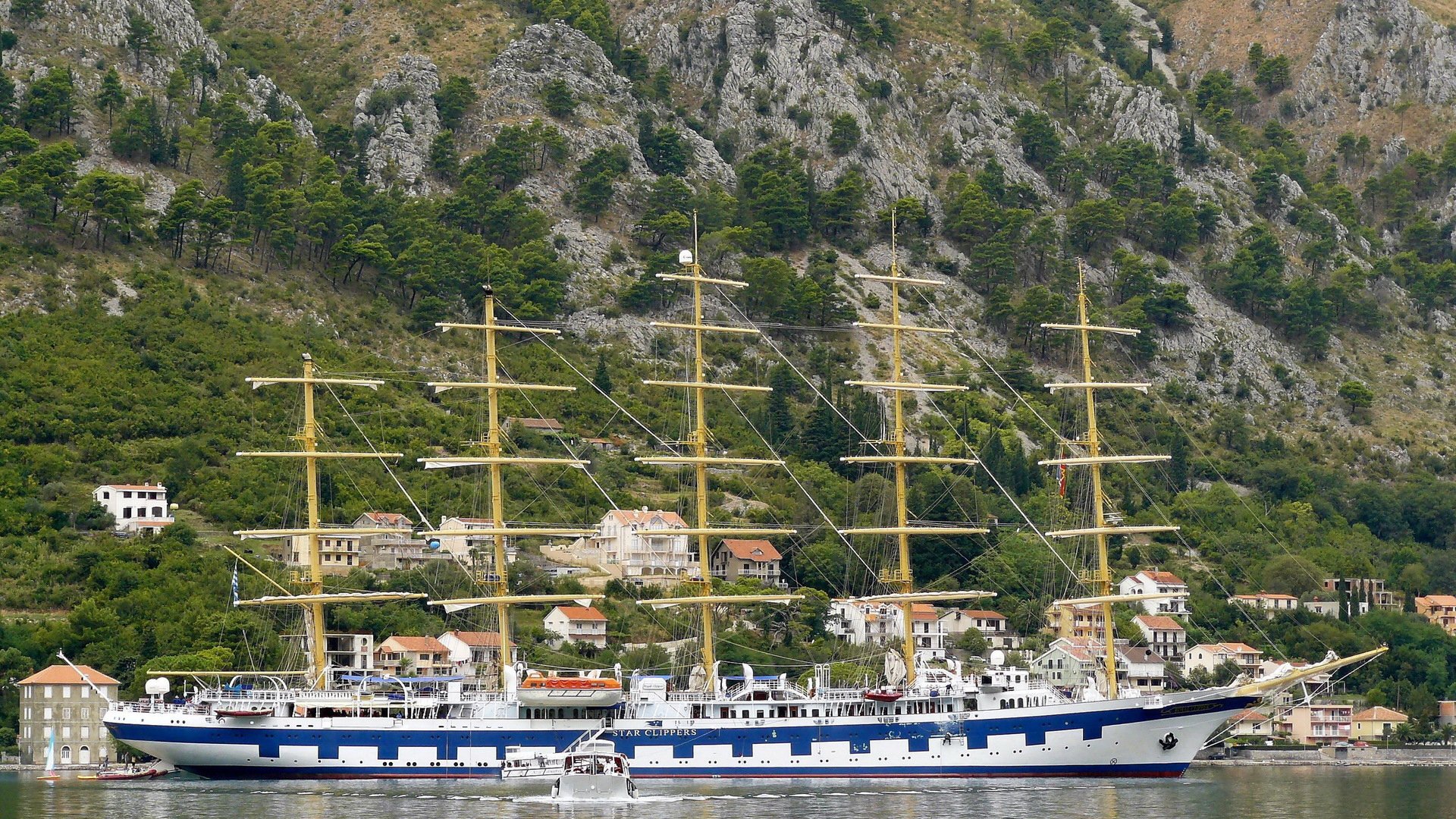 schiff schiff fünf mast größe hang berge wald stadt