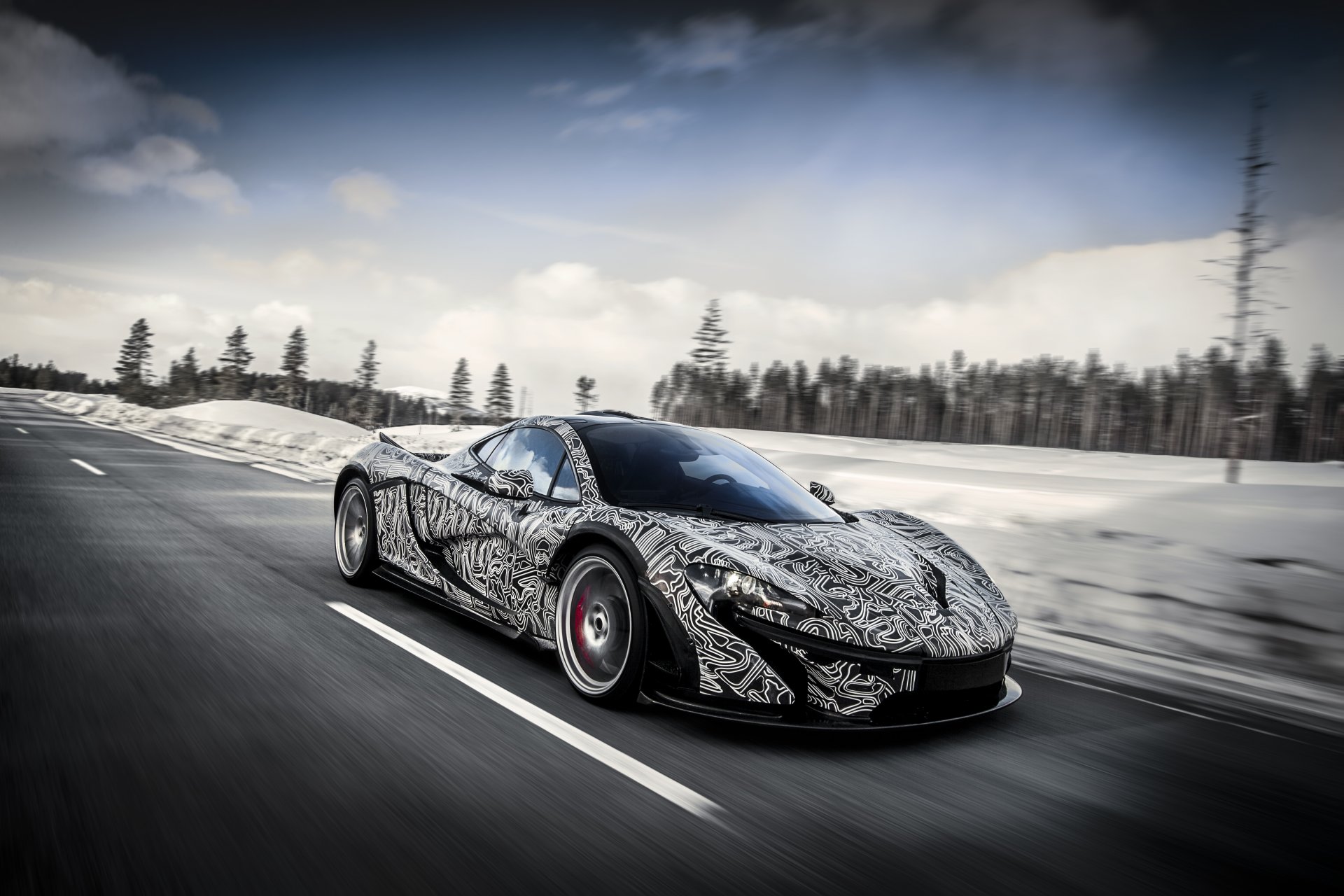 mclaren p1 hypercar sky road snow speed