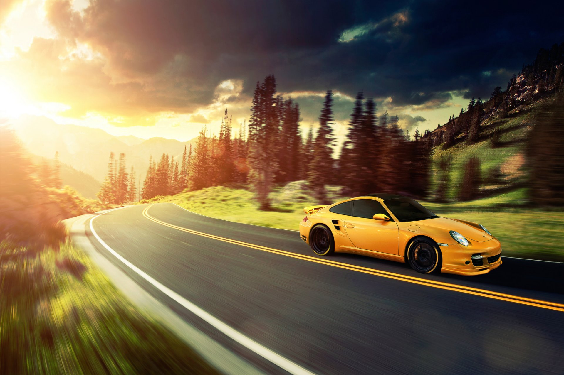porsche 911 turbo yellow ronaldo stewart porsche mountains sun