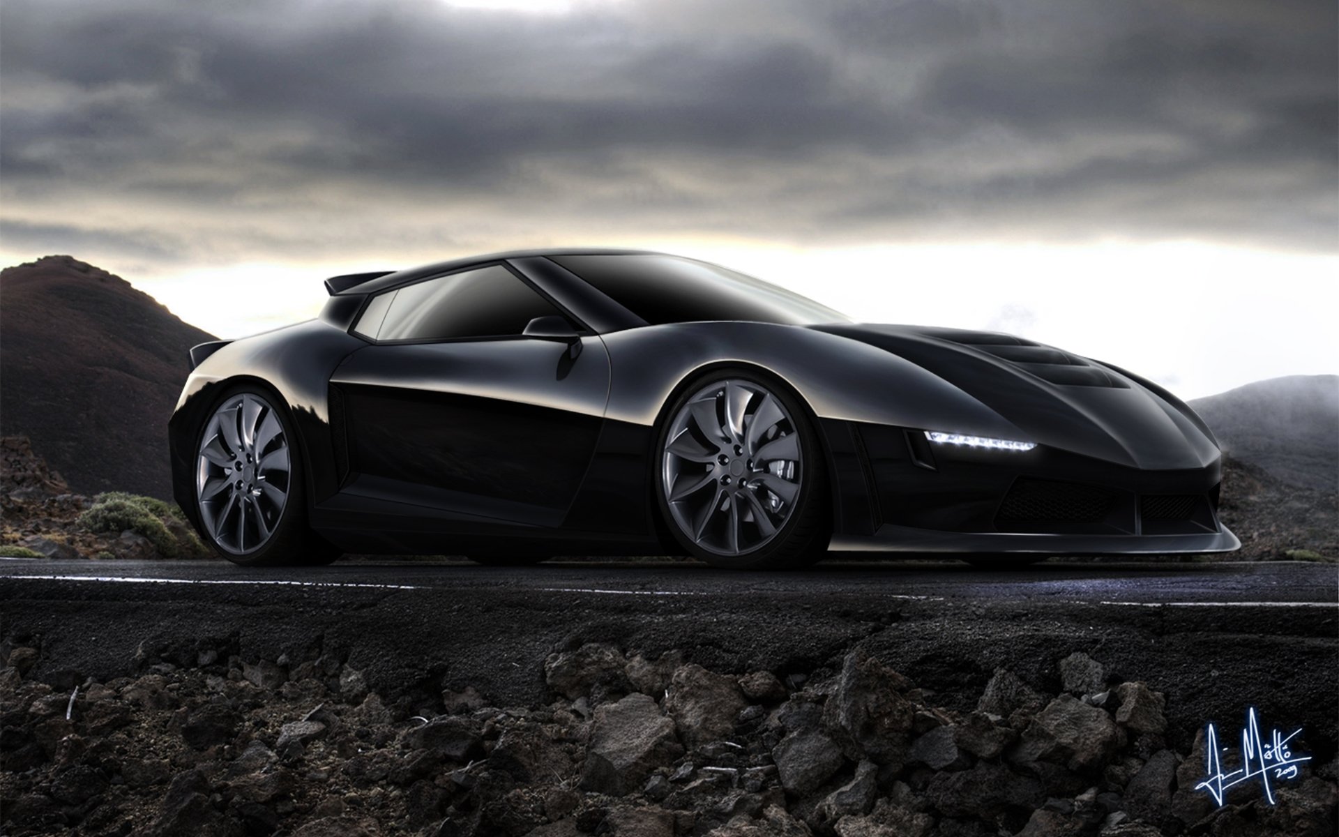 concept car voiture de course route montagnes pierres