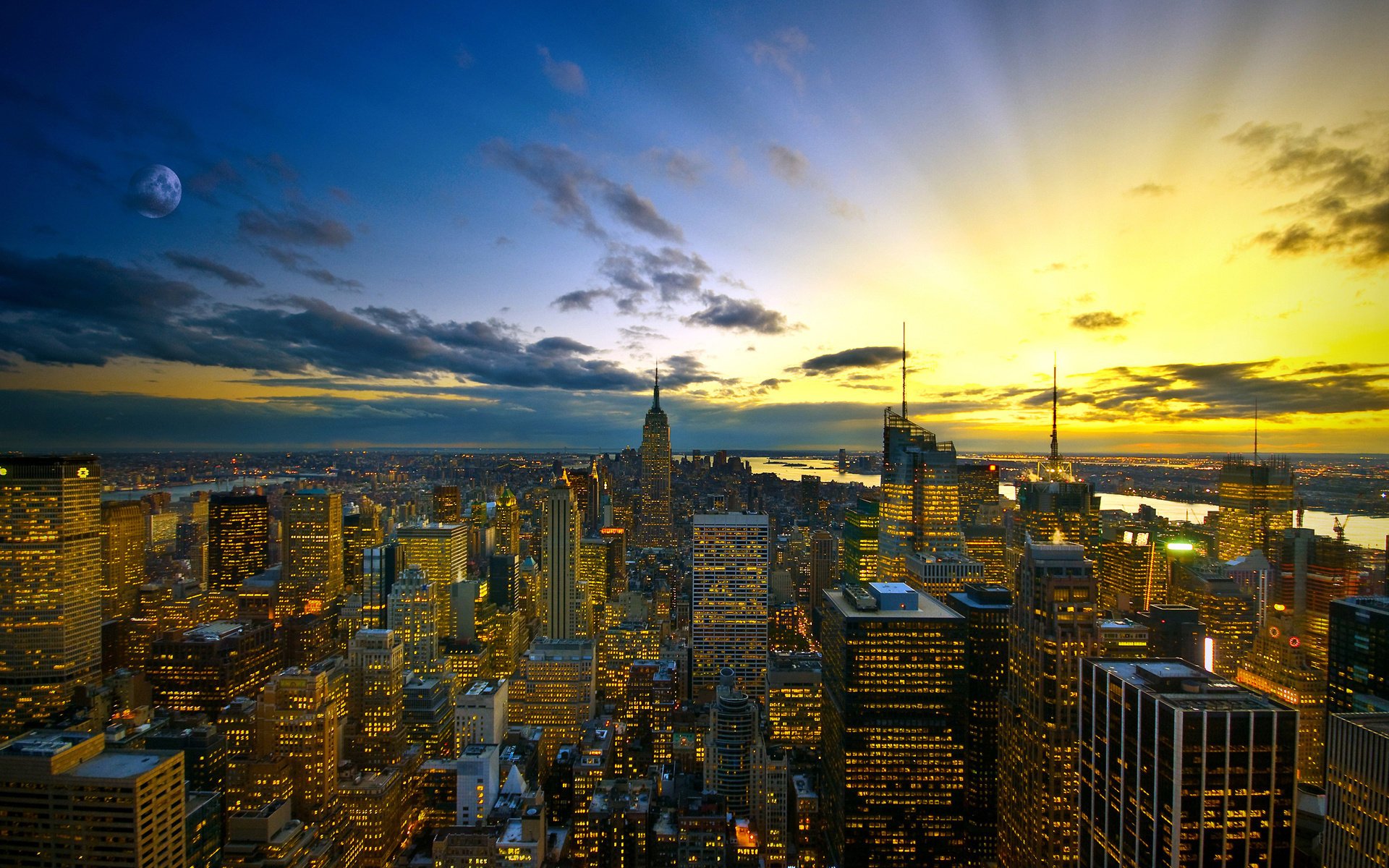 ciudad nueva york cielo luna luz resplandor