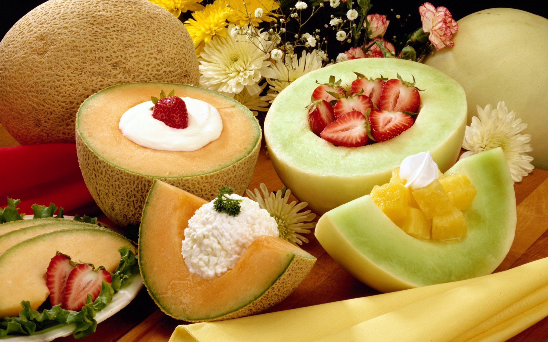 comida fruta postre melones fresas crema