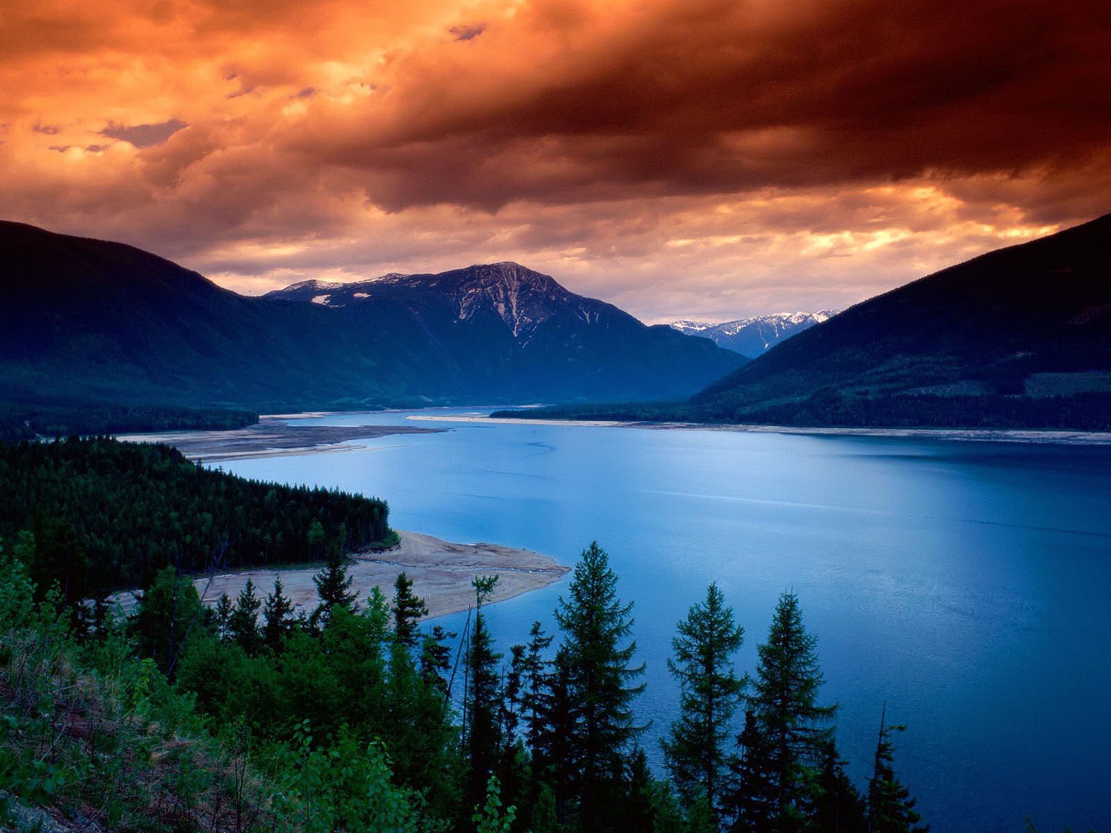 the sky mountains forest lake sunset cloud
